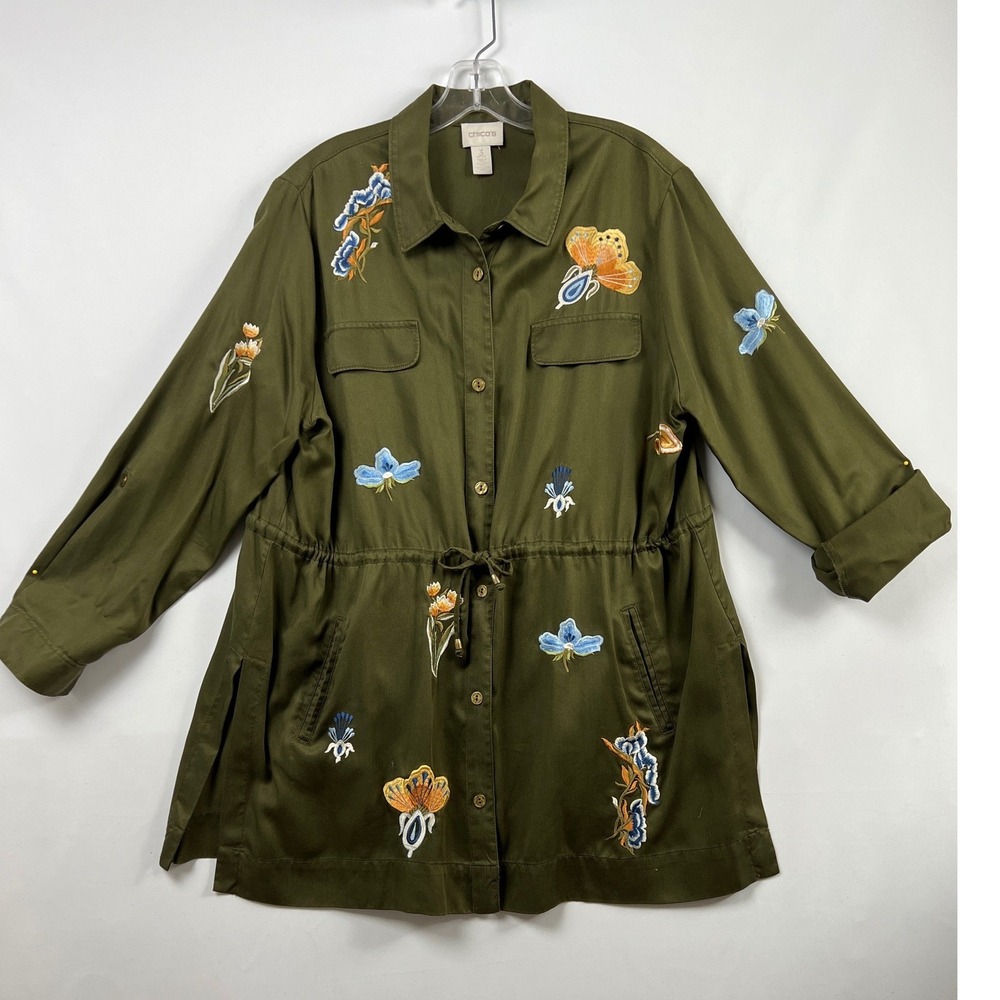 Chico's 3 Utility Shirt Dress Womens XL Petite Olive Green Floral Embroidered